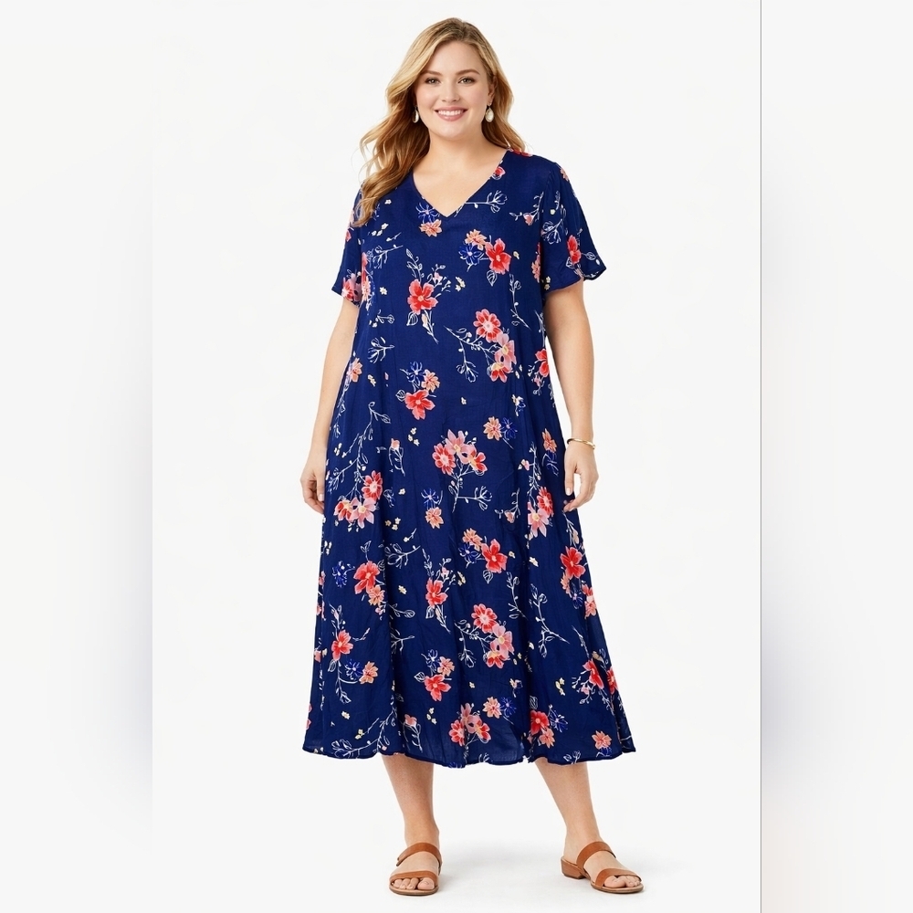 Woman Within 1X Petite Blue Floral Dress Midi Short Sleeve Rayon Plus Size 22/24